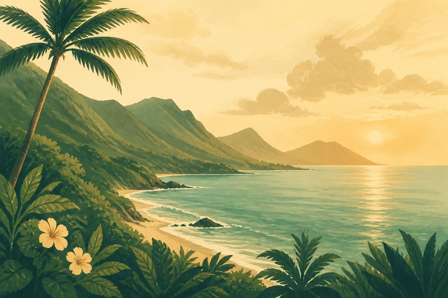 Atmospheric illustration of a soft tropical coastline — not a photograph.